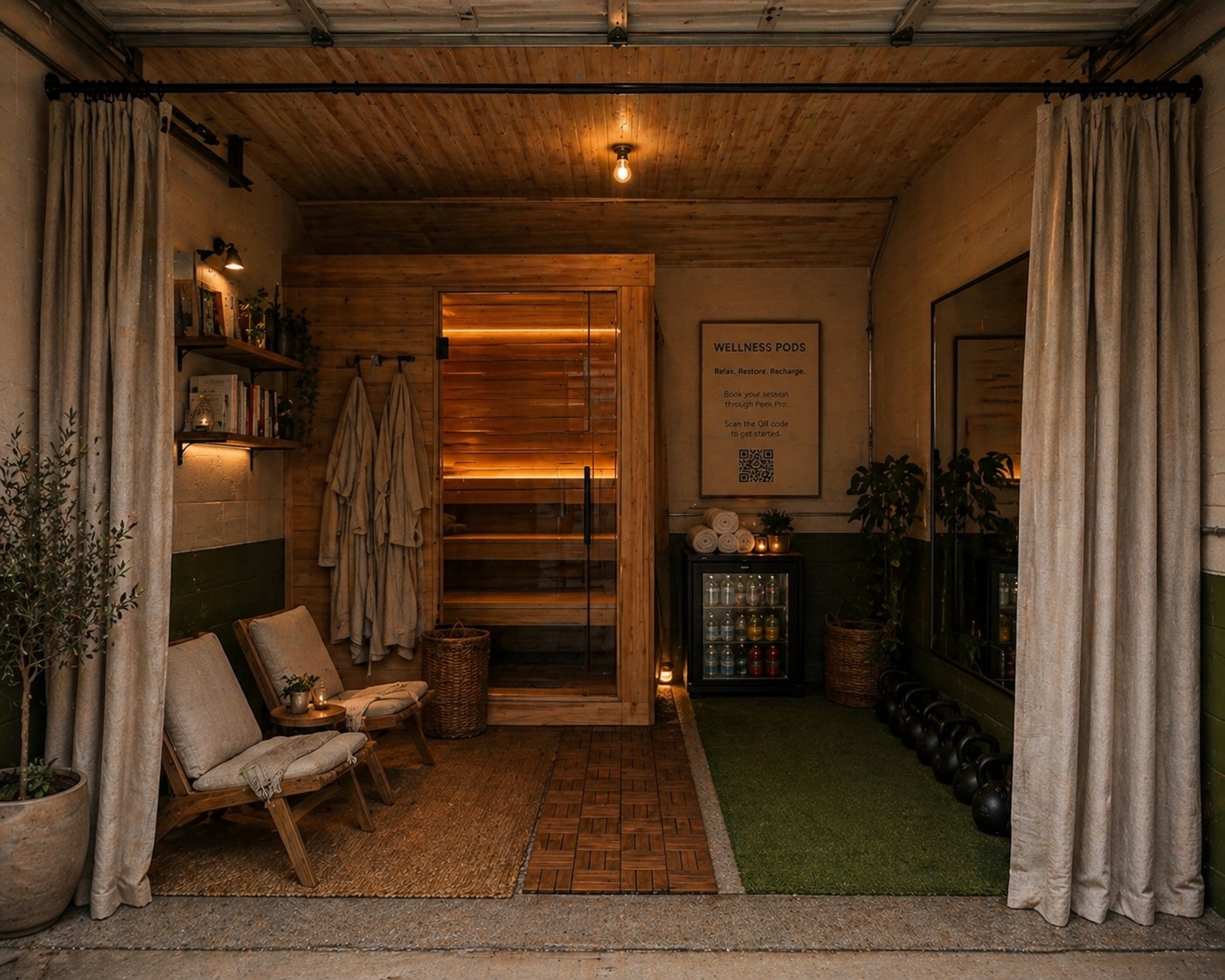 Private Rifugio wellness pod with cedar sauna, robes, and kettlebells